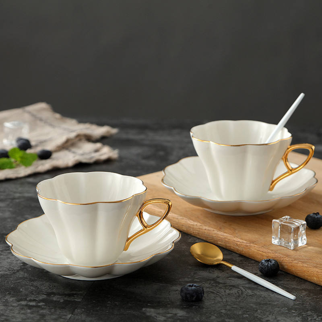 Flower Shaped Porcelain Tea Cup & Saucer with Gold Rim – Set of 1 / 4 / 6