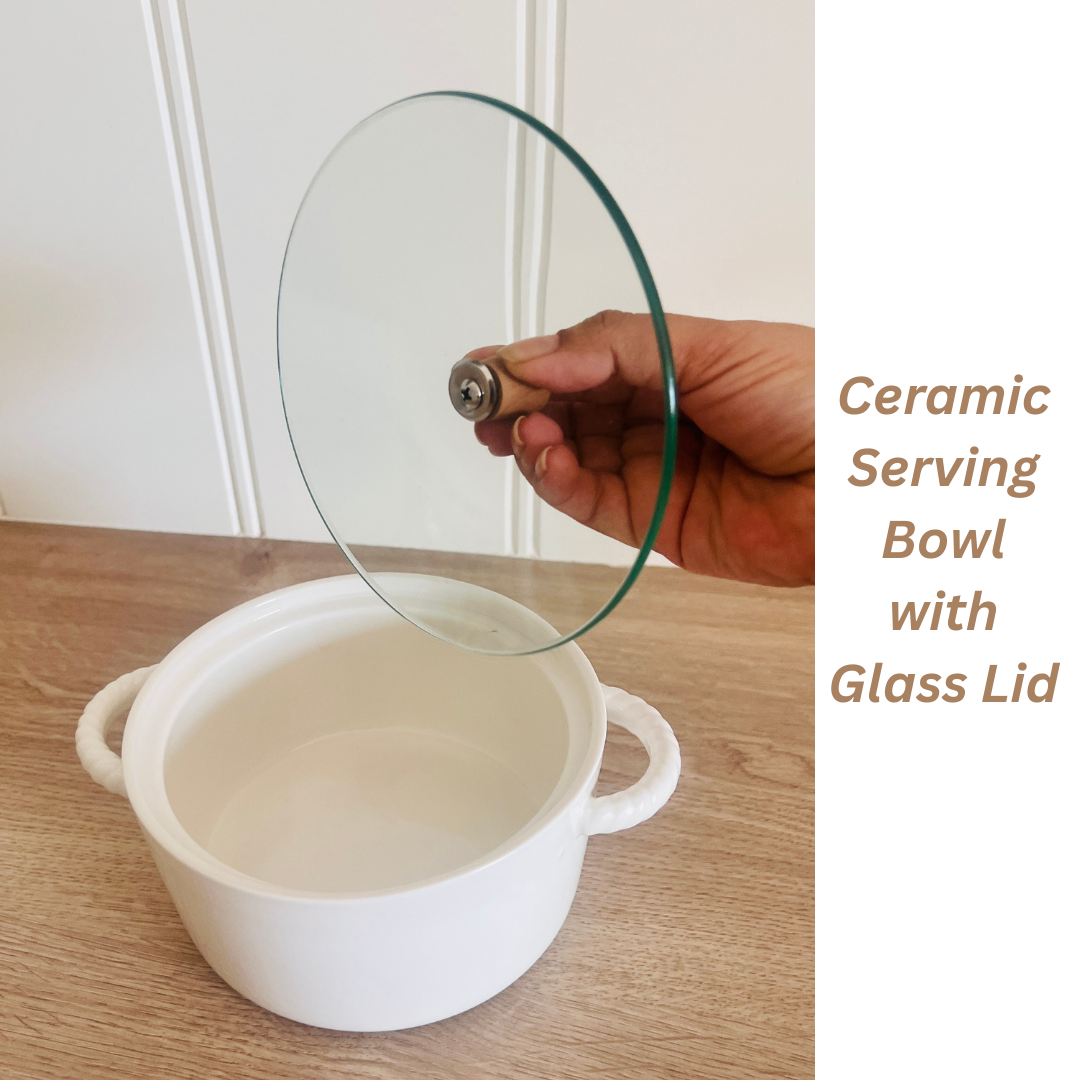 White Ceramic Serving Bowl with Glass Lid & Optional Stainless Steel Spoon – 1500 ml