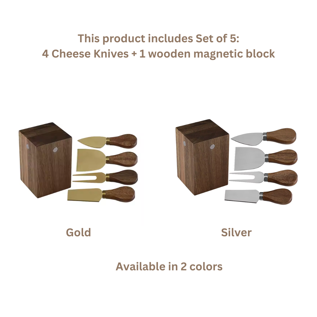 Luxury 5 Piece Cheese Knife Set with Magnetic Wooden Block | Gold & Silver Stainless Steel with Wooden Handle
