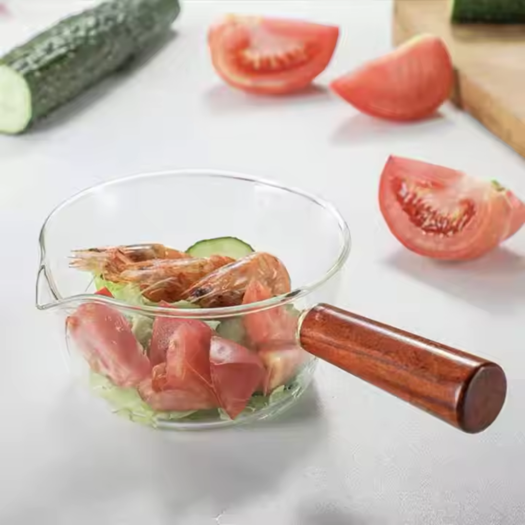 Glass Measurer and Tea Pan with Wooden Handle - 2 sizes (70ml and 400 ml)