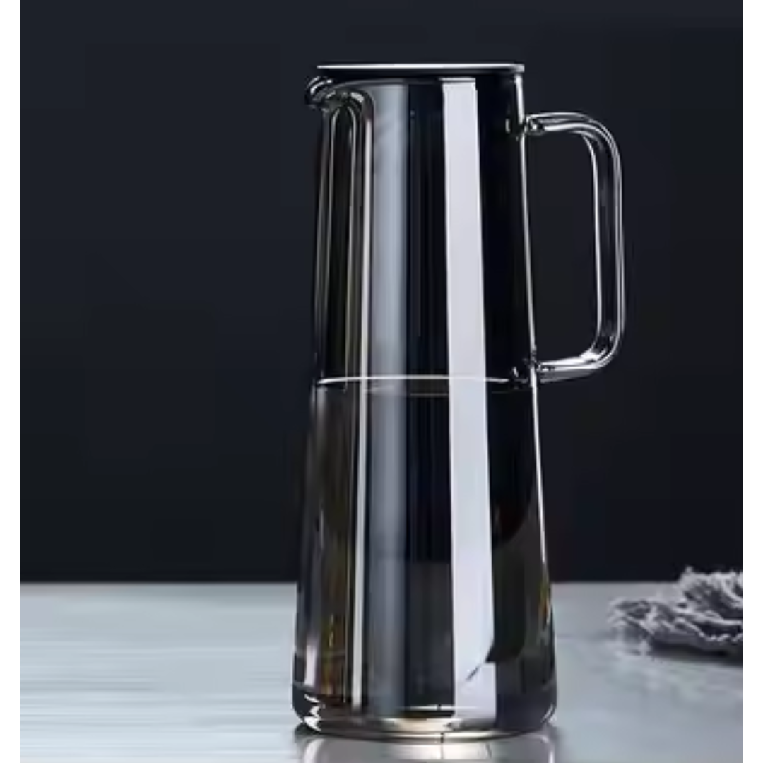 Dark Grey Borosilicate Glass Jug & Cup Set – 1 Jug + 6 Handled Cups | 1800 ml Carafe + 300 ml Cups | Microwave & Dishwasher Safe