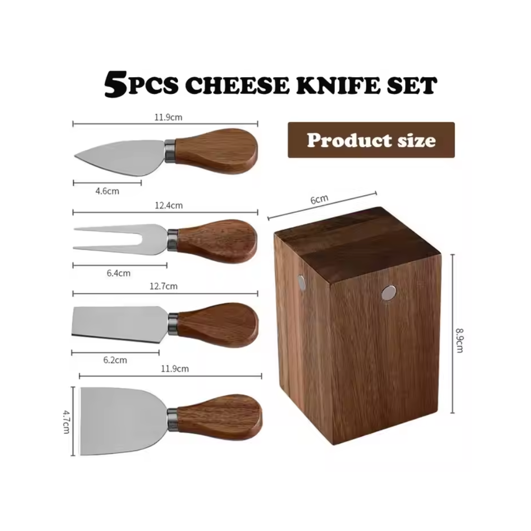 Luxury 5 Piece Cheese Knife Set with Magnetic Wooden Block | Gold & Silver Stainless Steel with Wooden Handle
