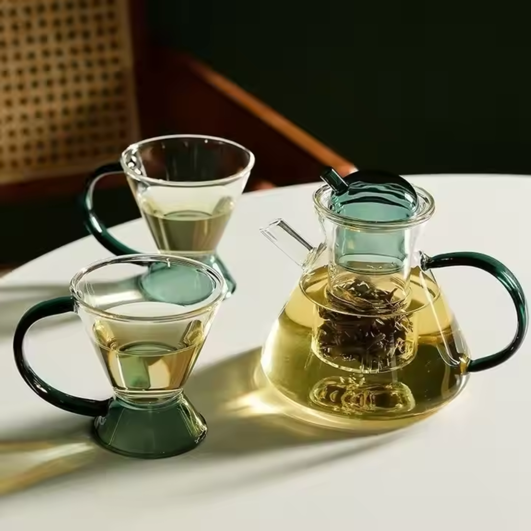 Green Borosilicate Glass Teapot Set – Luxury Heat Resistant Glass Teapot with 2 Cups (Set of 3)