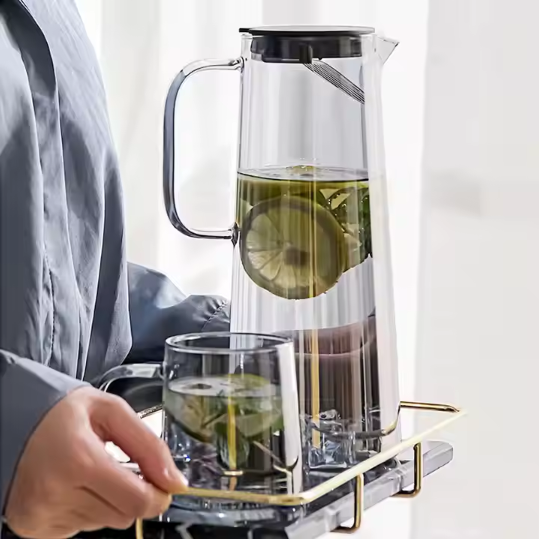 Dark Grey Borosilicate Glass Jug & Cup Set – 1 Jug + 6 Handled Cups | 1800 ml Carafe + 300 ml Cups | Microwave & Dishwasher Safe