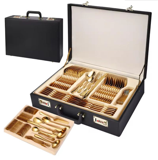 Luxury 72-piece gold stainless steel cutlery set with black suitcase packaging