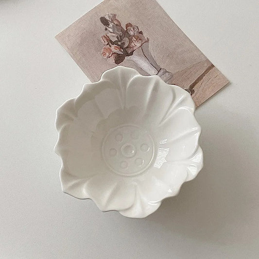 French Embossed Lotus Dessert Bowl - Porcelain