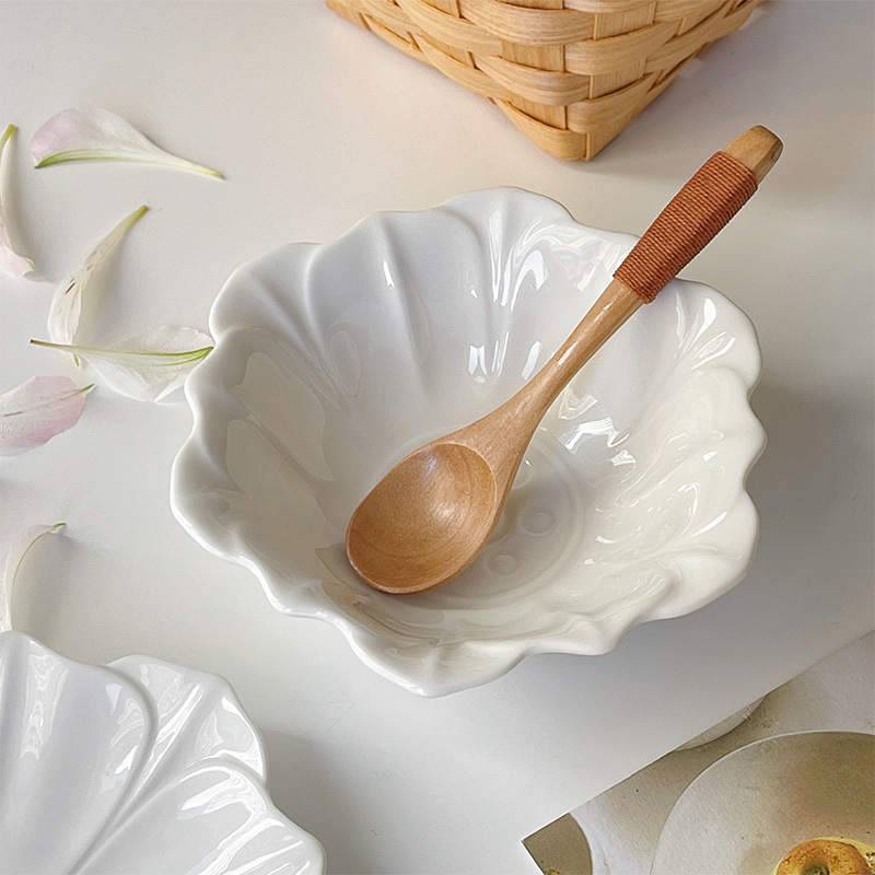 French Ceramic Flower-Shaped Soup Bowl and Snack Plate Set