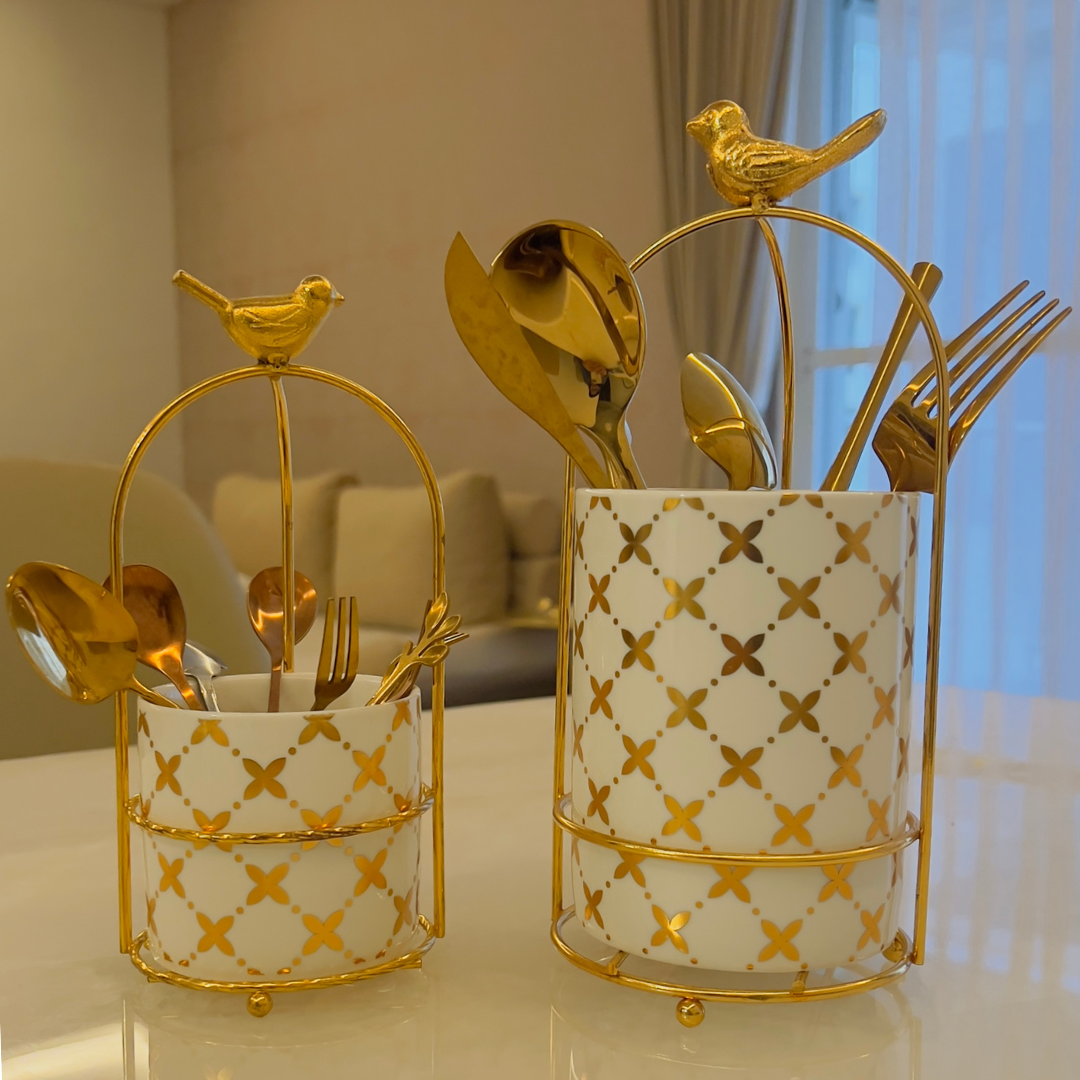 Cutlery Stand - Large size - White & Gold - Multipurpose Dining and Home Decor Organizer