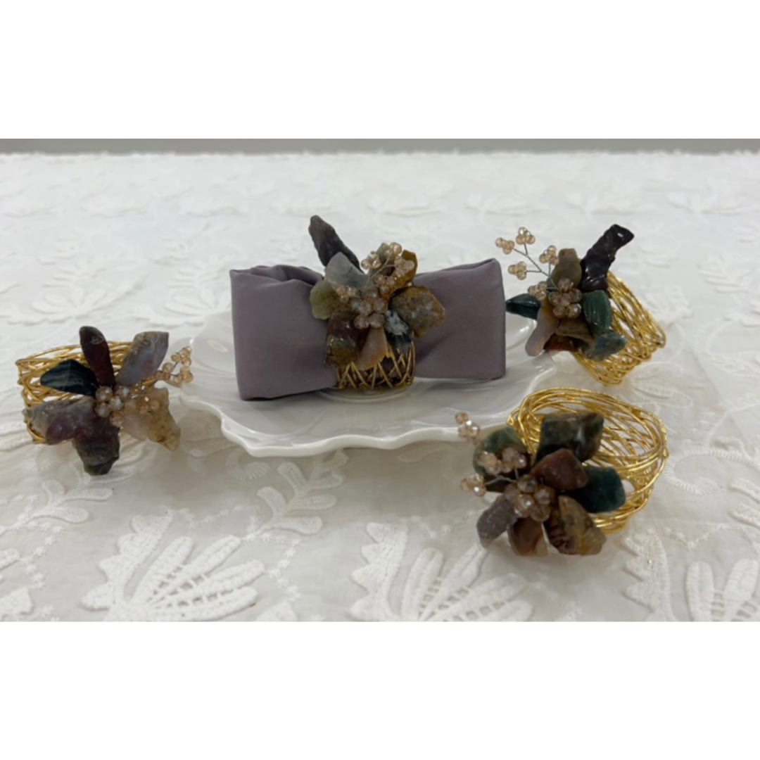 Napkin Rings with Stone Flower Accent - Mixed Stones