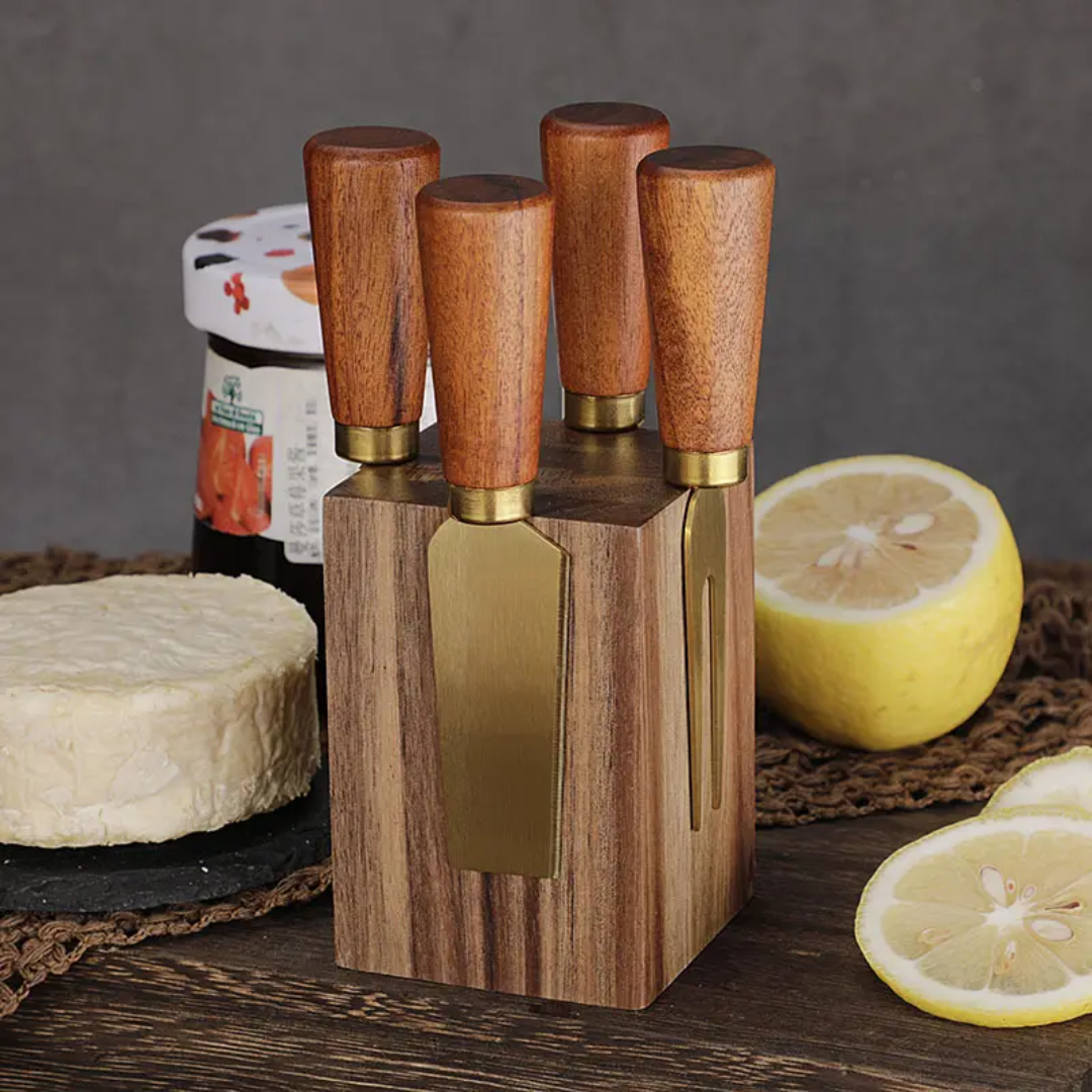 Luxury 5 Piece Cheese Knife Set with Magnetic Wooden Block | Gold & Silver Stainless Steel with Wooden Handle