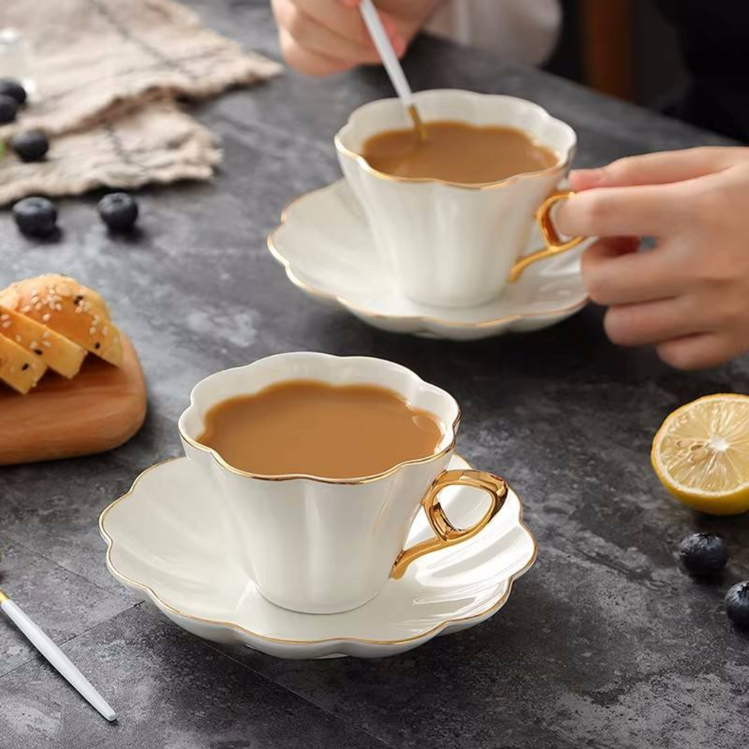 Flower Shaped Porcelain Tea Cup & Saucer with Gold Rim – Set of 1 / 4 / 6