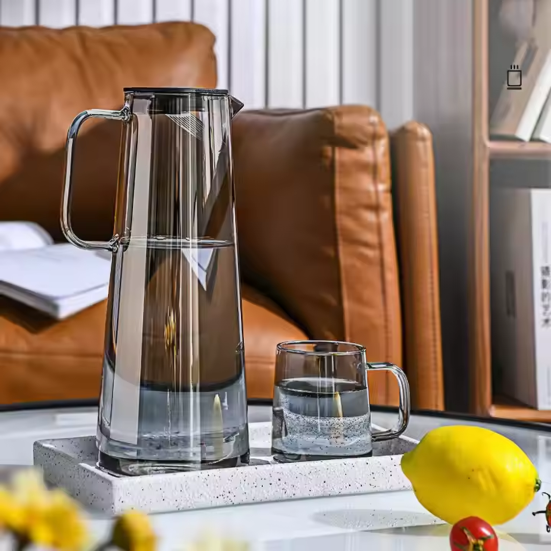 Dark Grey Borosilicate Glass Jug & Cup Set – 1 Jug + 6 Handled Cups | 1800 ml Carafe + 300 ml Cups | Microwave & Dishwasher Safe