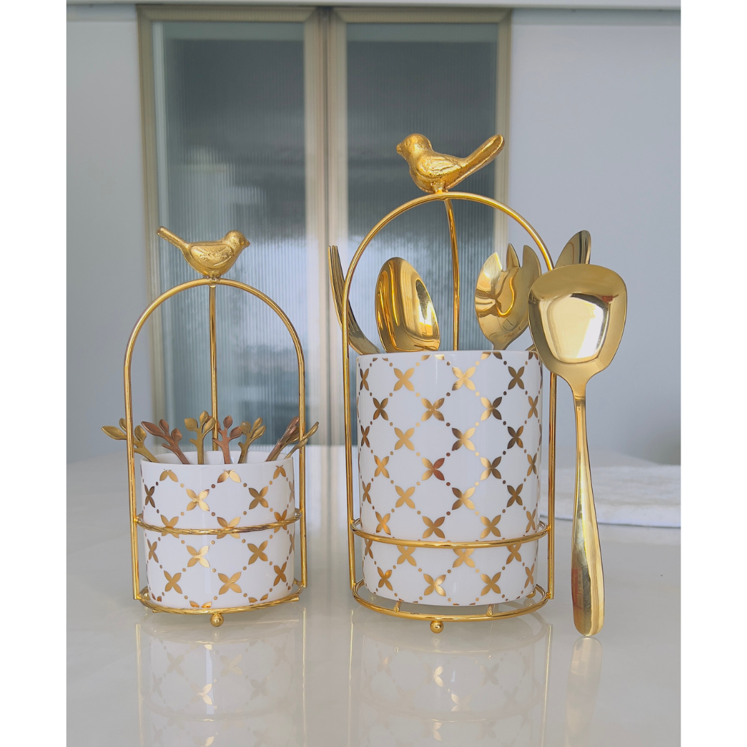 Cutlery Stand - Large size - White & Gold - Multipurpose Dining and Home Decor Organizer