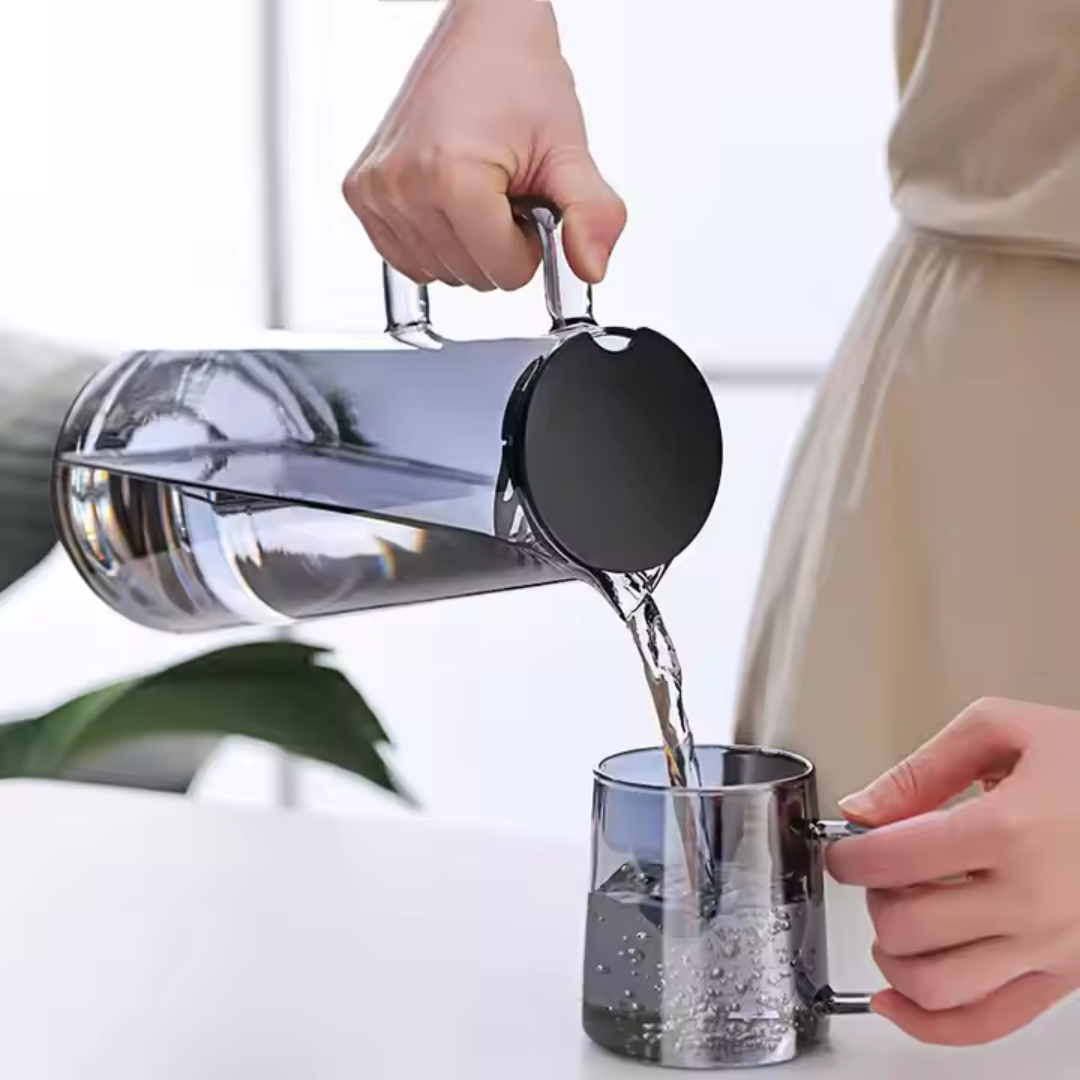 Dark Grey Borosilicate Glass Jug & Cup Set – 1 Jug + 6 Handled Cups | 1800 ml Carafe + 300 ml Cups | Microwave & Dishwasher Safe