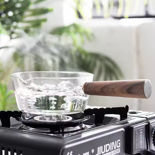 Glass Measurer and Tea Pan with Wooden Handle - 2 sizes (70ml and 400 ml)