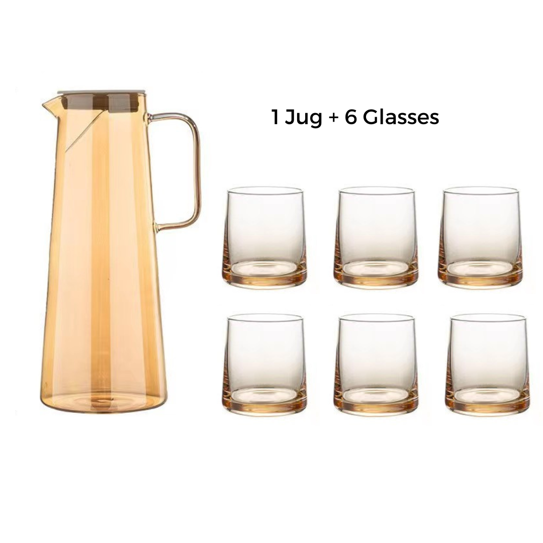 Luxury Amber Glass Jug Set with 6 Drinking Glasses