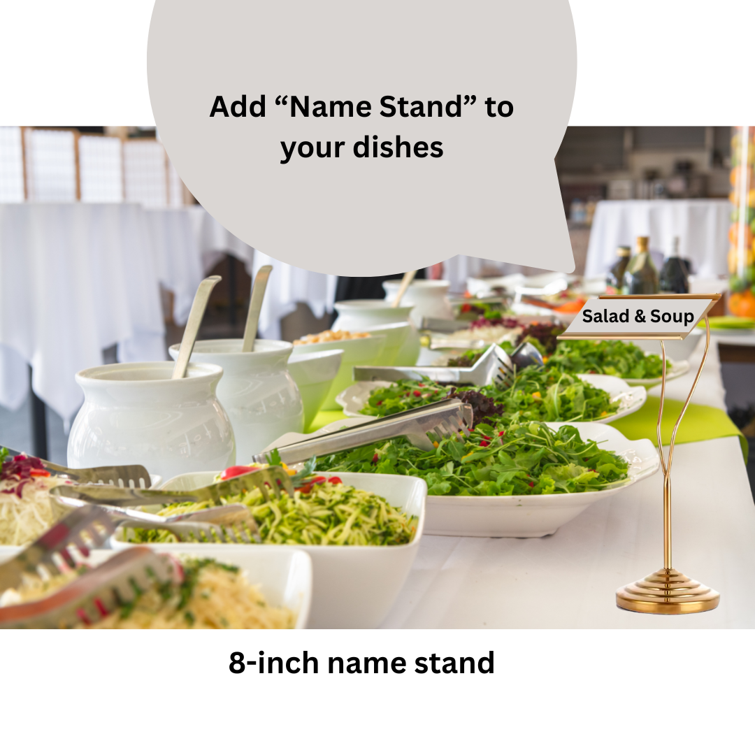 Elegant gold name card stand on buffet table – event decor