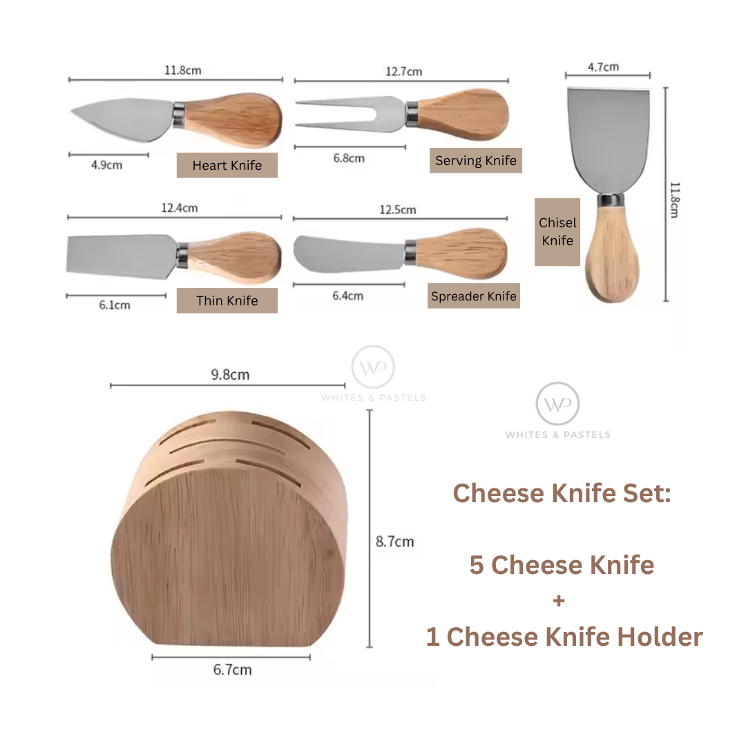 6-Piece Cheese Knife Set with Wooden Holder – Gold & Silver | Stainless Steel Knives with Wooden Handles for Cheese & Dips