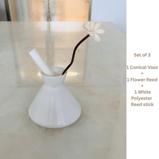 Small 4 inch white vase with flower reed stick and polyester diffuser stick