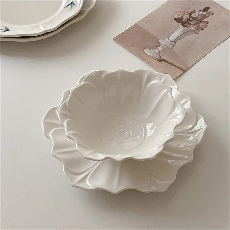 French Ceramic Flower-Shaped Soup Bowl and Snack Plate Set