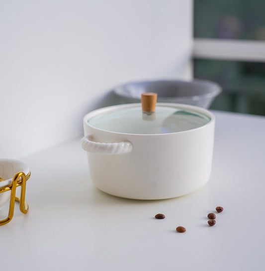 White Ceramic Serving Bowl with Glass Lid & Optional Stainless Steel Spoon – 1500 ml