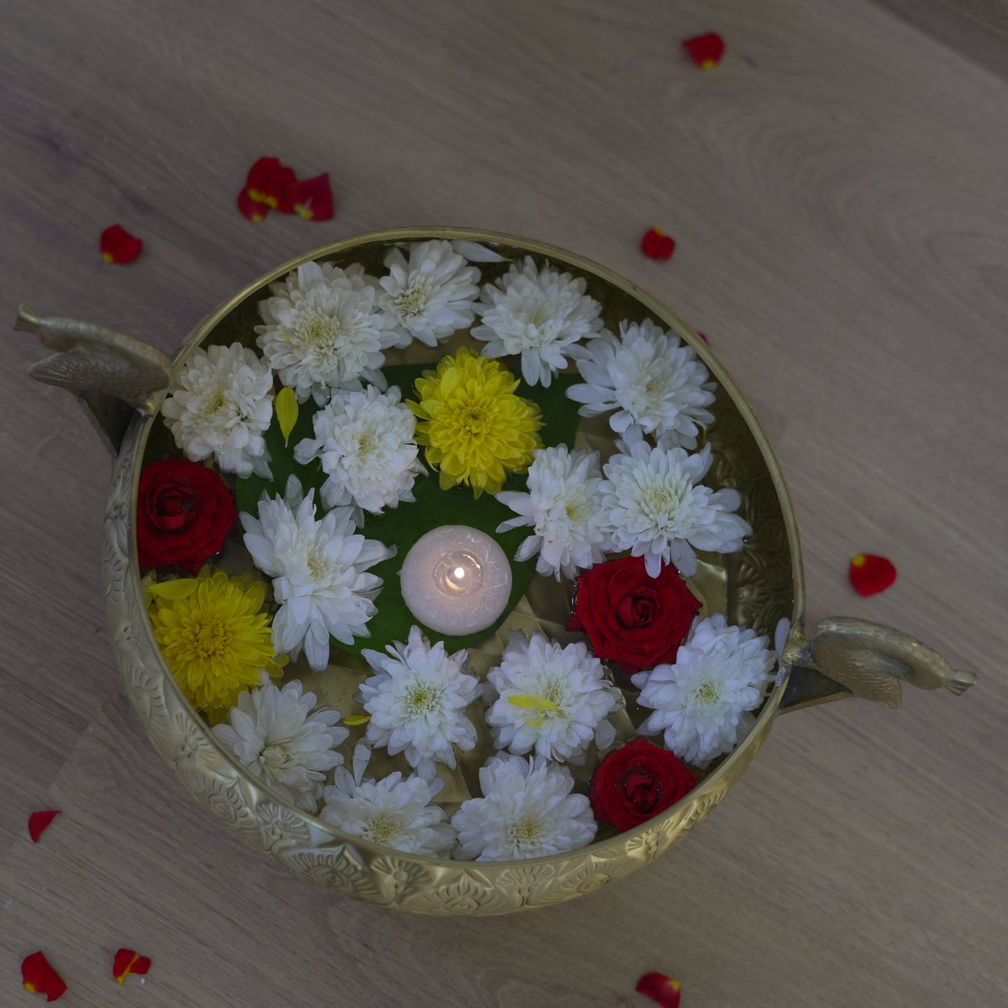 Handcrafted Gold Brass Urli with Peacock Handles | Chitai Work (10 & 12 Inch)