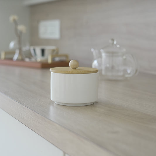 Small White Ceramic Jar with Wooden Lid – 200 ml Multipurpose Storage Container