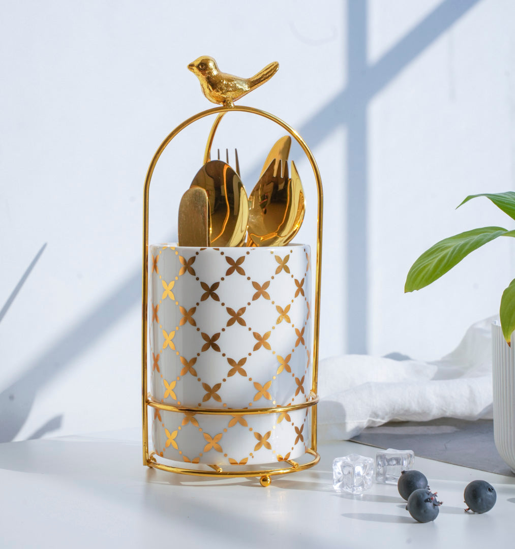 Cutlery Stand - Large size - White & Gold - Multipurpose Dining and Home Decor Organizer