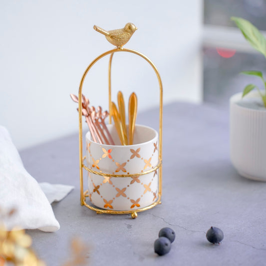 Cutlery Stand - White & Gold