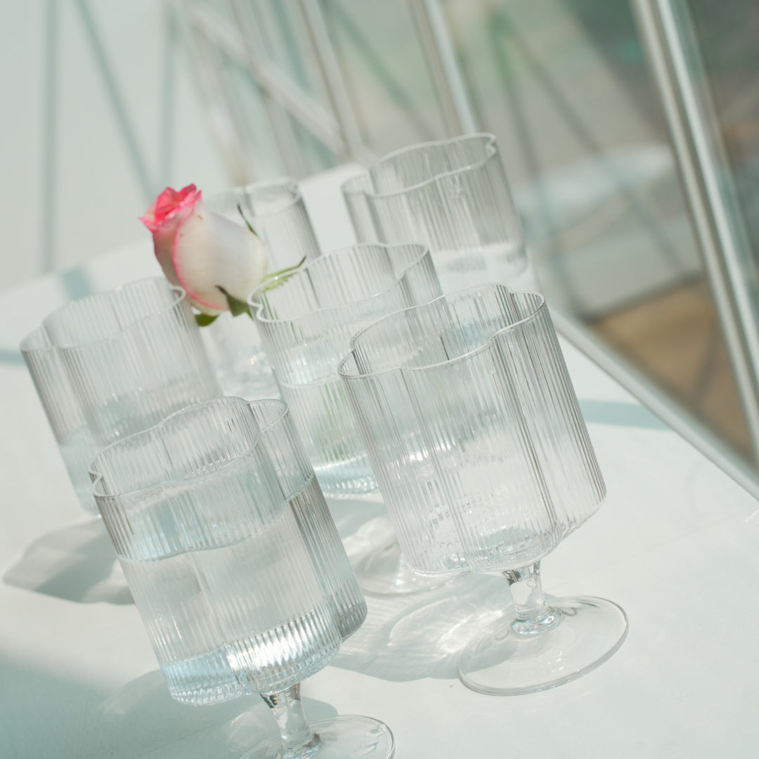 Floral Ribbed Stem Glass Set | Luxury Borosilicate Drinkware