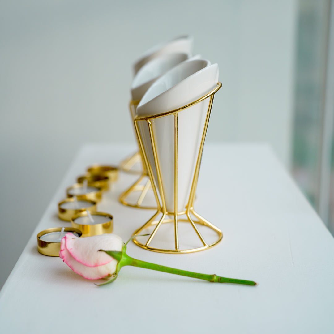 Heart Snack Cone with Gold Stand & Dip Bowl | Luxury Porcelain Serveware