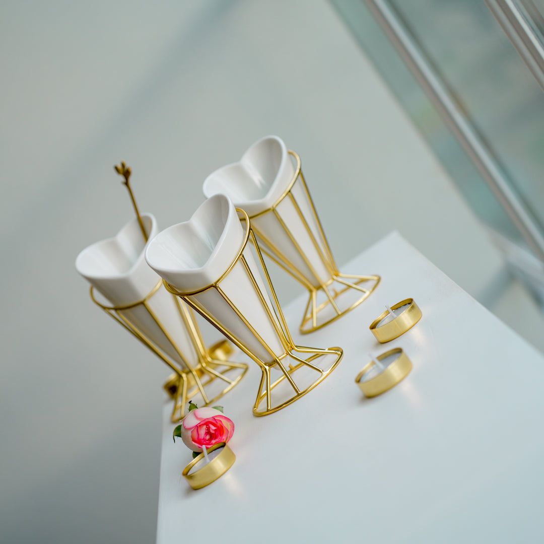 Heart Snack Cone with Gold Stand & Dip Bowl | Luxury Porcelain Serveware