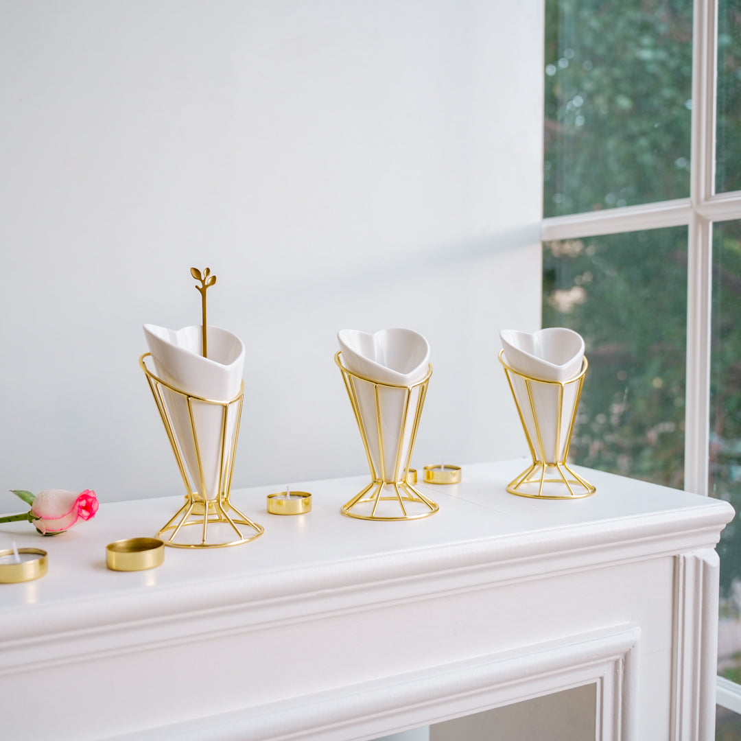 Heart Snack Cone with Gold Stand & Dip Bowl | Luxury Porcelain Serveware