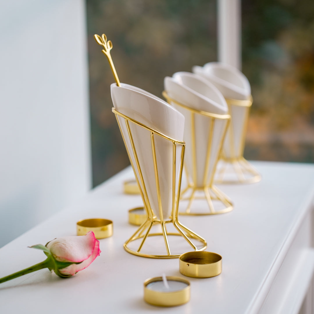 Heart Snack Cone with Gold Stand & Dip Bowl | Luxury Porcelain Serveware