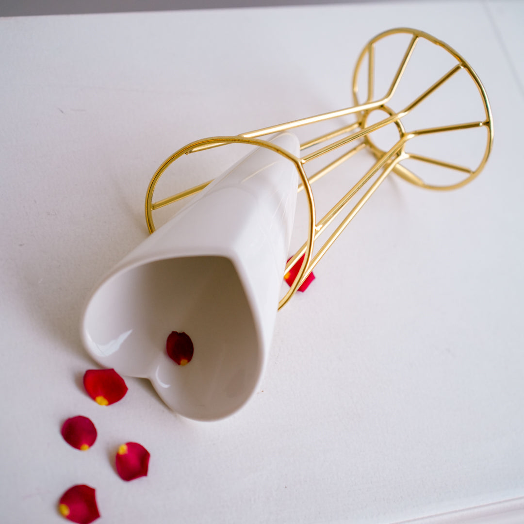 Heart Snack Cone with Gold Stand & Dip Bowl | Luxury Porcelain Serveware
