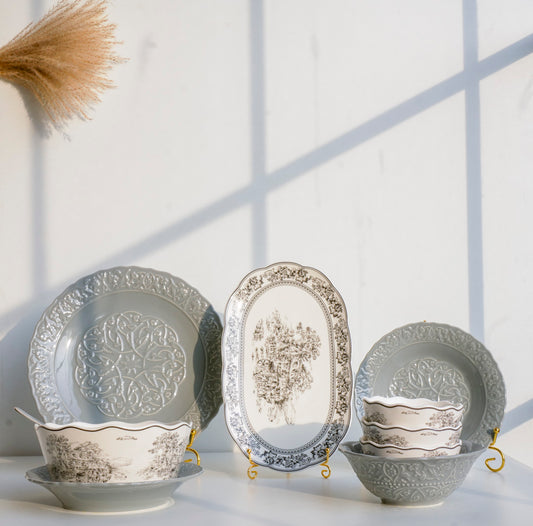 Luxury Ceramic Dinner Set of 28 Pieces for 6 people | Embossed & Victorian Design