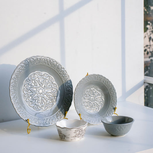 Luxury Ceramic Dinner Set of 28 Pieces for 6 people | Embossed & Victorian Design