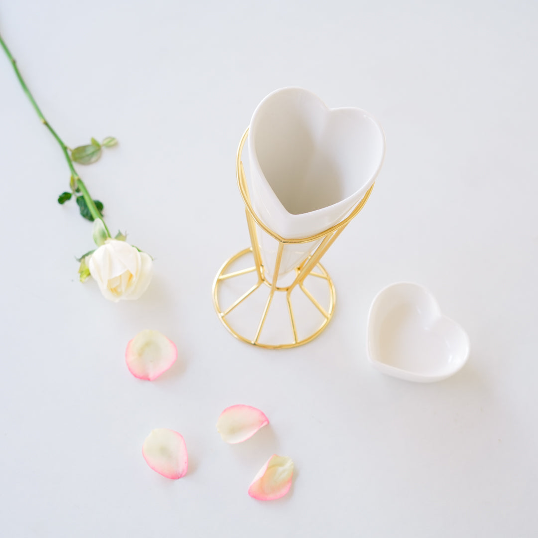 Heart Snack Cone with Gold Stand & Dip Bowl | Luxury Porcelain Serveware