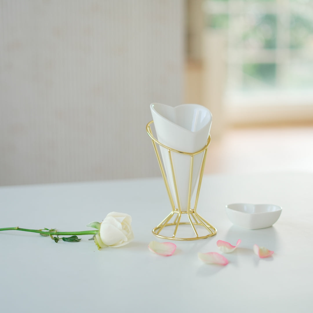 Heart Snack Cone with Gold Stand & Dip Bowl | Luxury Porcelain Serveware