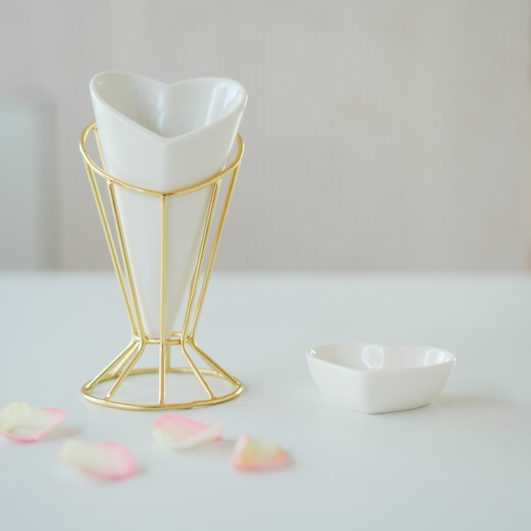 Heart Snack Cone with Gold Stand & Dip Bowl | Luxury Porcelain Serveware