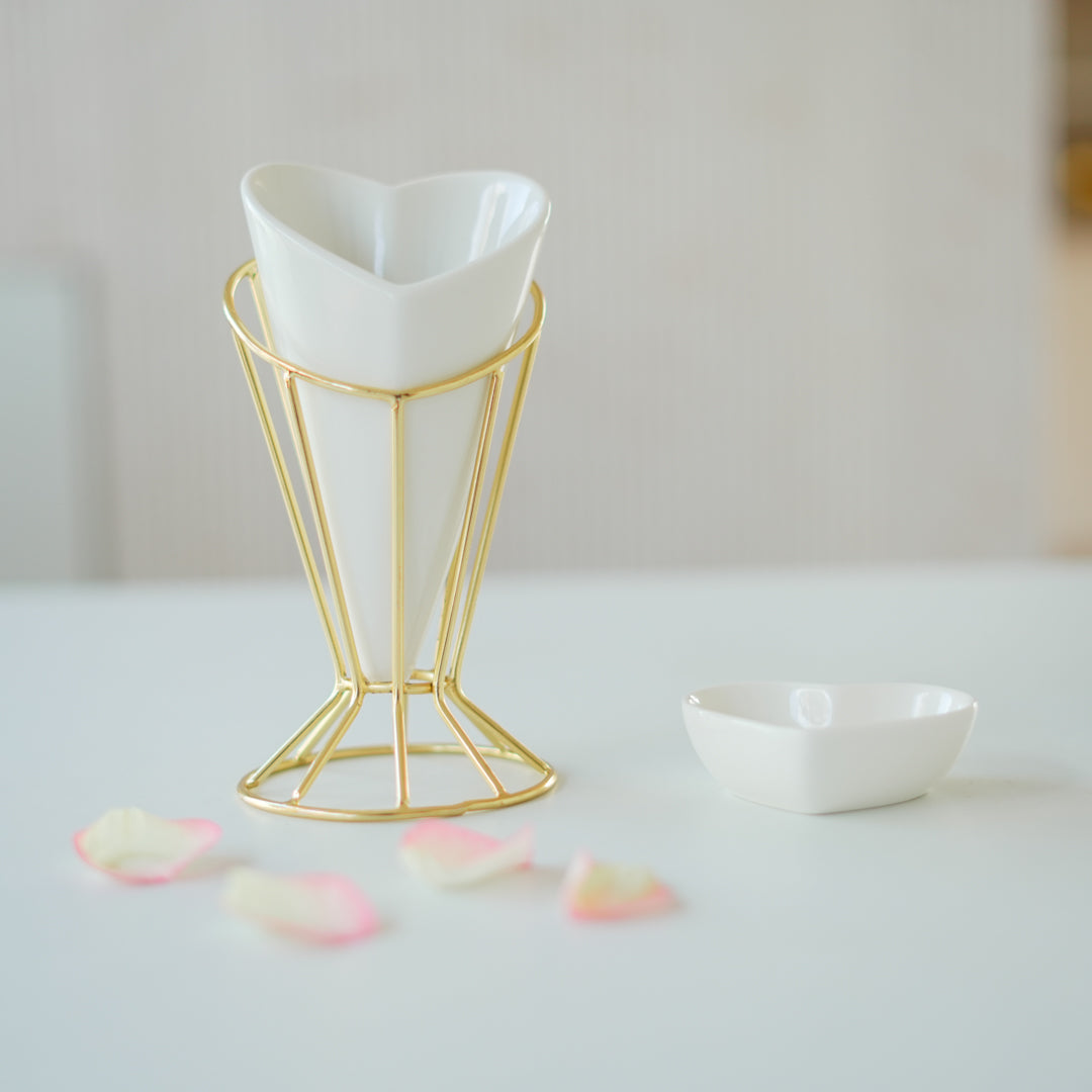 Heart Snack Cone with Gold Stand & Dip Bowl | Luxury Porcelain Serveware