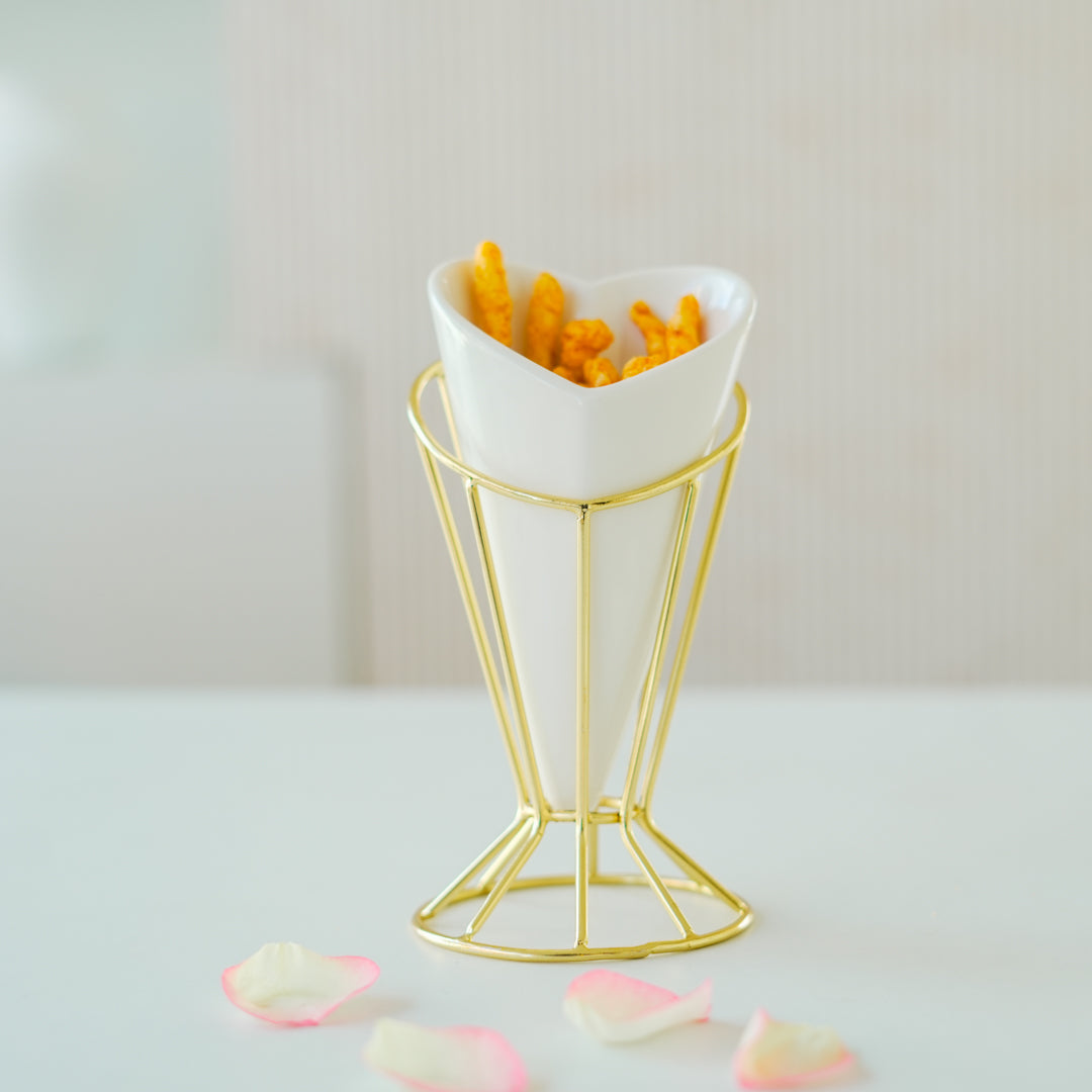 Heart Snack Cone with Gold Stand & Dip Bowl | Luxury Porcelain Serveware
