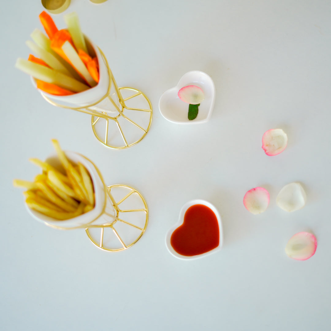 Heart Snack Cone with Gold Stand & Dip Bowl | Luxury Porcelain Serveware