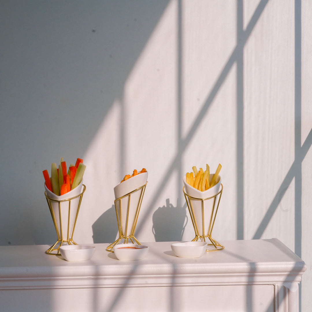 Heart Snack Cone with Gold Stand & Dip Bowl | Luxury Porcelain Serveware