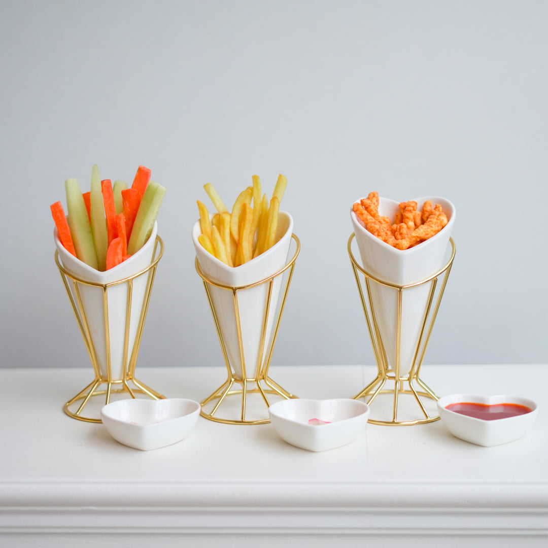 Heart Snack Cone with Gold Stand & Dip Bowl | Luxury Porcelain Serveware