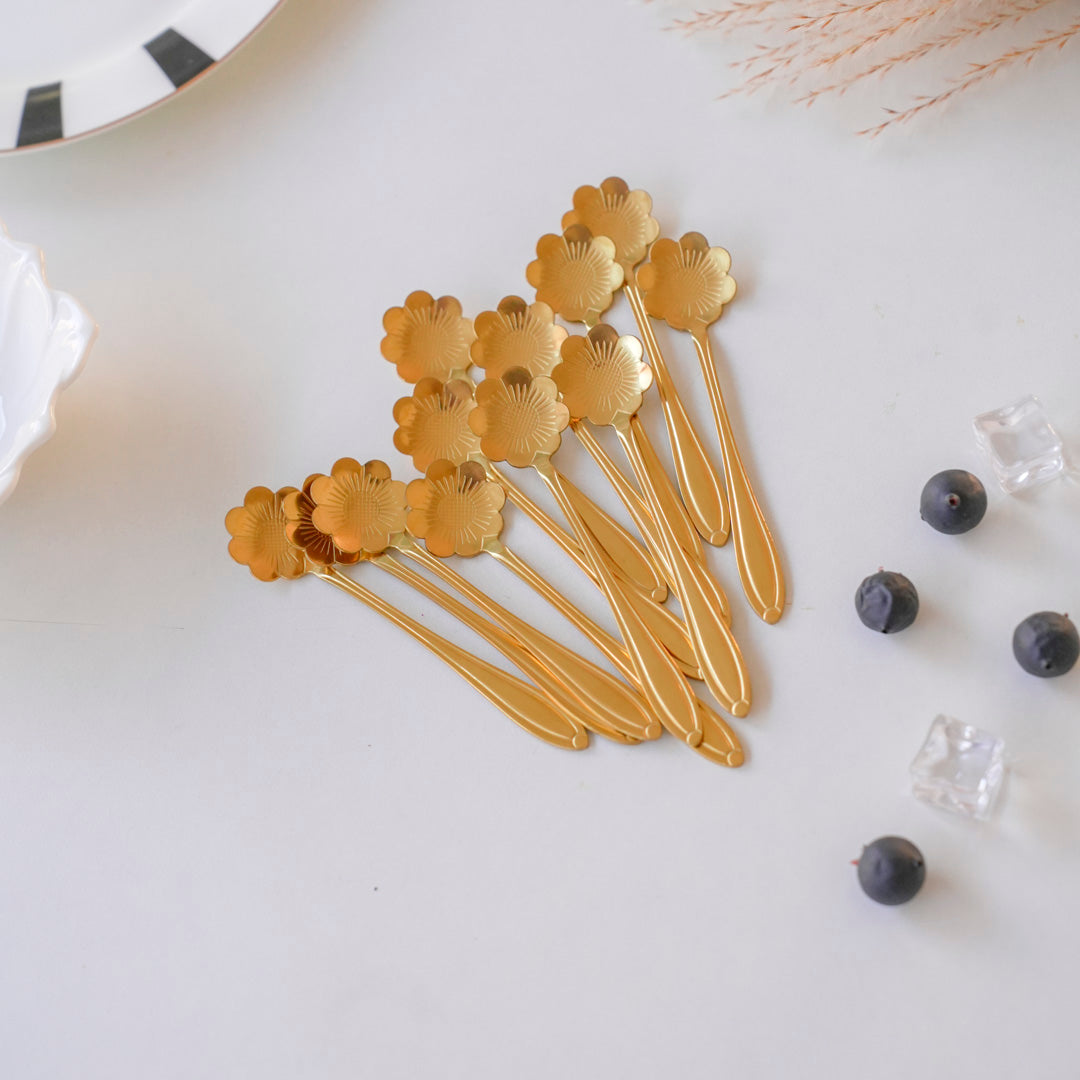 Small Dessert & Tea Spoons |Set of 6 | Gold Chrysanthemum Flower