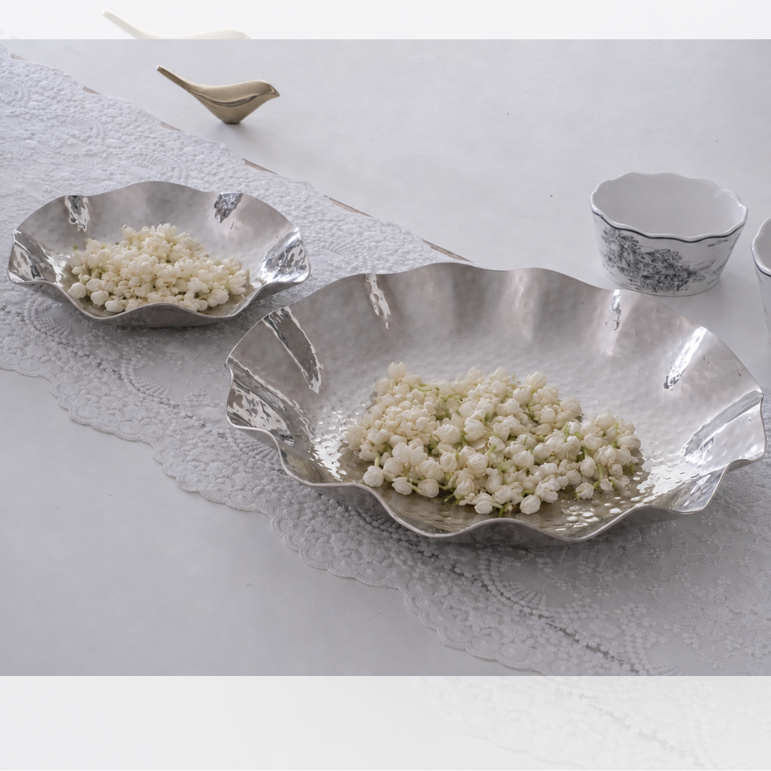 Whites & Pastels hammered silver serving tray set for beautiful flower setup