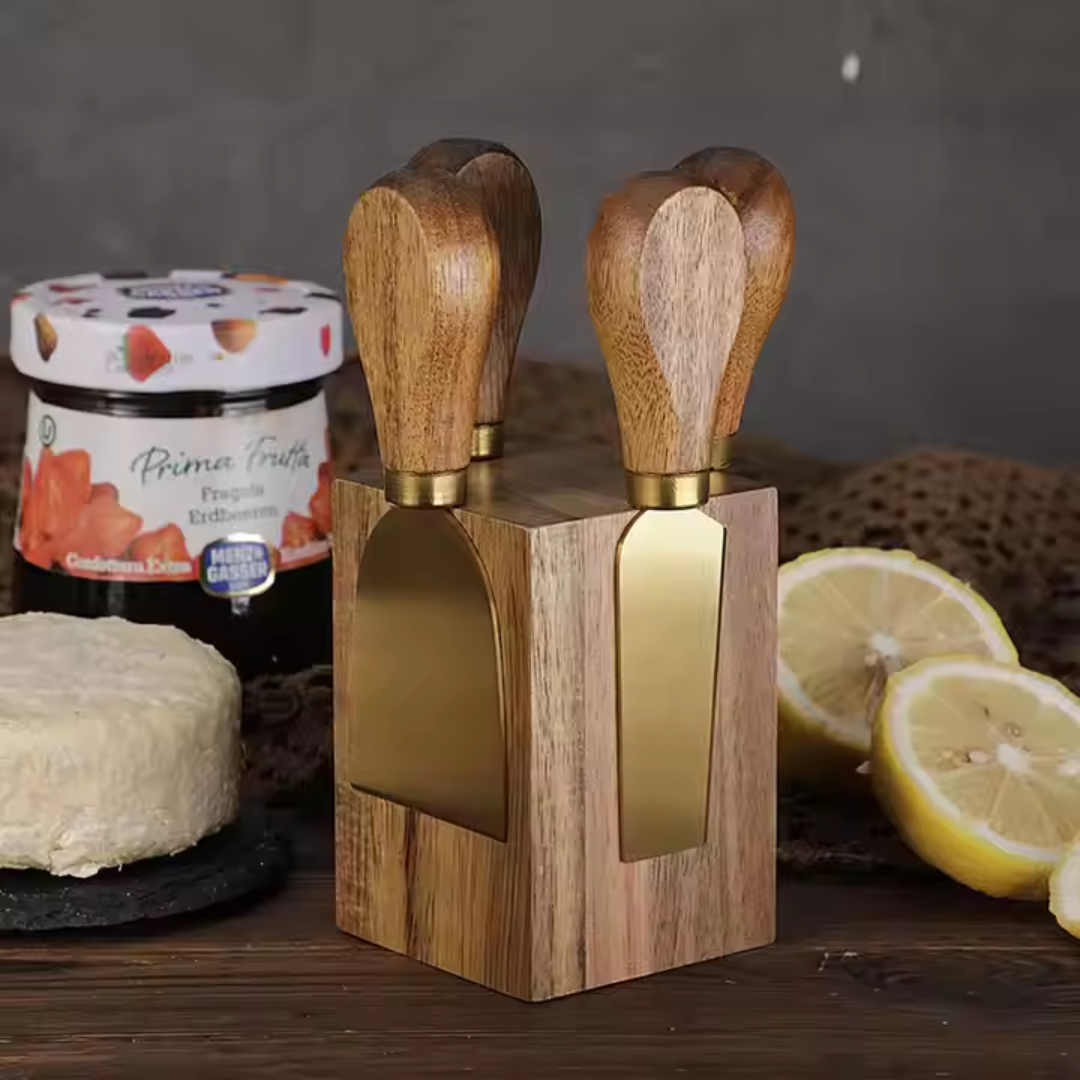 Gold cheese knife set with magnetic wooden display block – 4-piece set