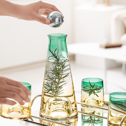 Carafe Luxury Set with 4 Glasses (with silver ball lid) - Green & Yellow Shaded