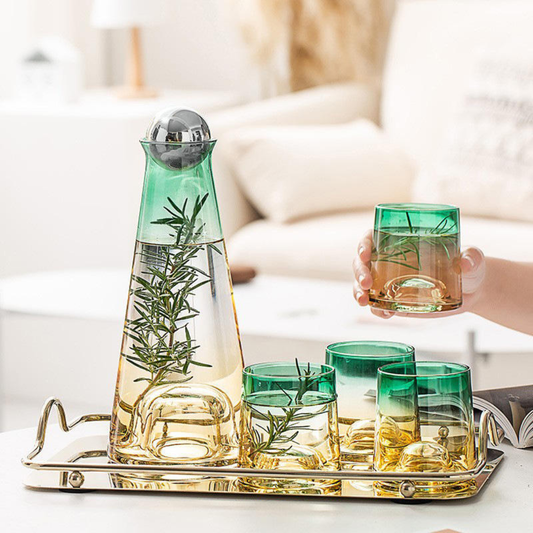 Carafe Luxury Set with 4 Glasses (with silver ball lid) - Green & Yellow Shaded